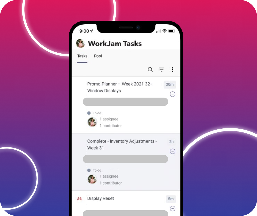 WorkJam Tasks app showing task list with priority items and completion status