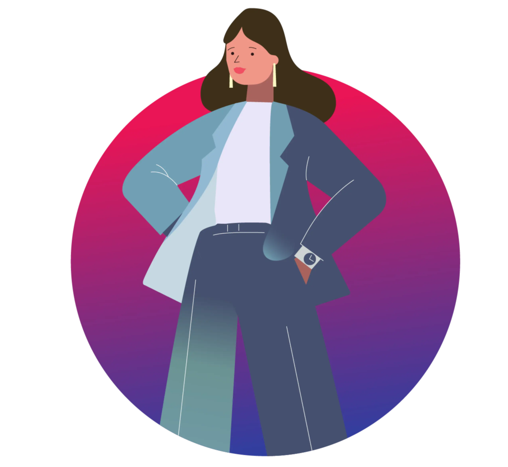 Modern flat illustration of a confident female business manager in a navy blue power suit against a pink and purple gradient background.