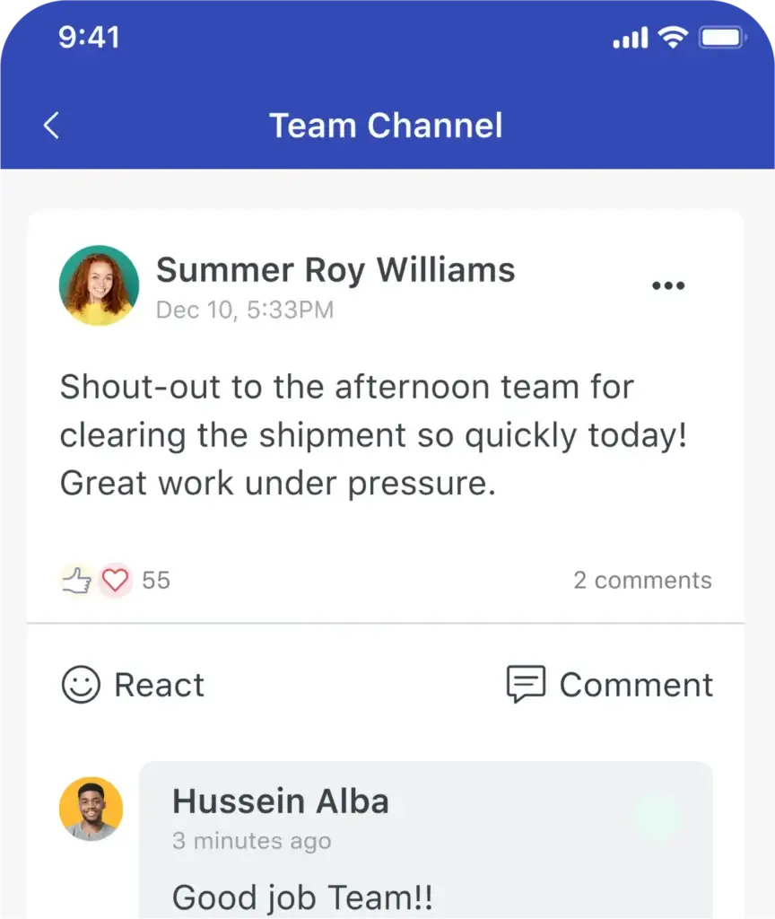 Secure messaging channel in the WorkJam app displaying a team announcement and employee emoji reactions.