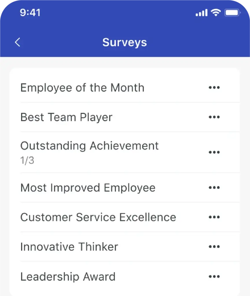 A list of available employee engagement pulse surveys displayed on the WorkJam mobile application.