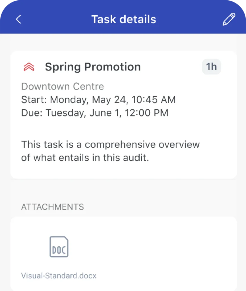 WorkJam task details screen for a downtown spring promotion audit, displaying a comprehensive overview description and a visual-standard.doc attachment.