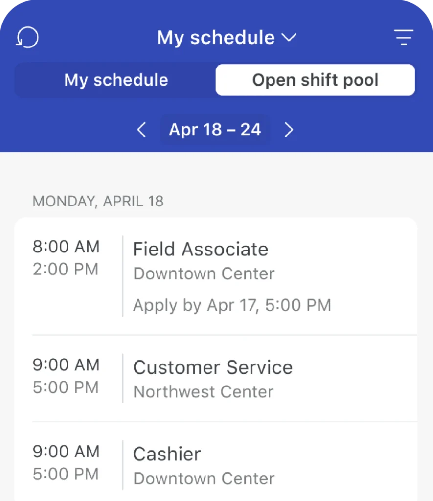 WorkJam scheduling interface showing an employee viewing the open shift pool with a list of available shifts across multiple store locations for a single day.