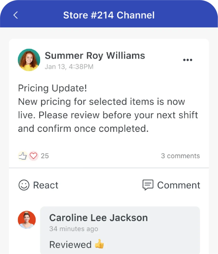 WorkJam targeted communication channel showing a staff pricing update with employee emoji reactions, comments, and a request to review and confirm before the next shift.