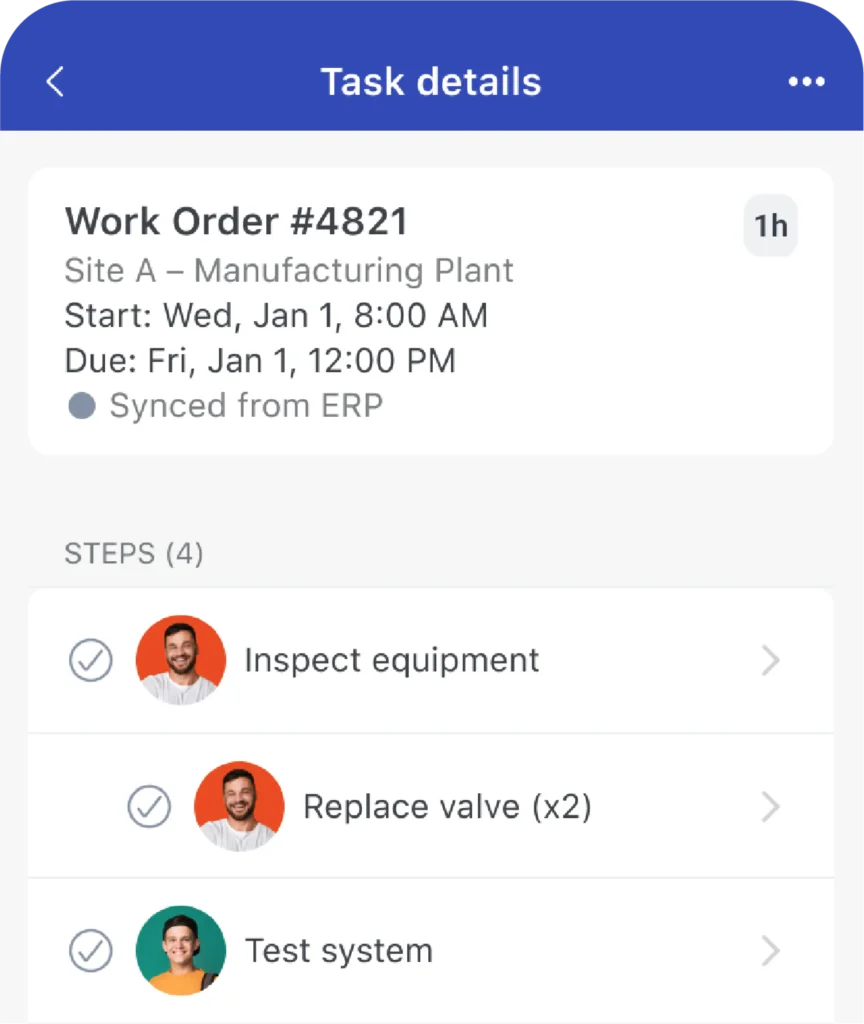 WorkJam mobile screen showing a maintenance work order synced from an external ERP system.