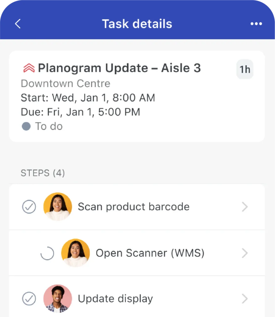 WorkJam mobile interface for a planogram update task featuring a button to open a WMS scanner.