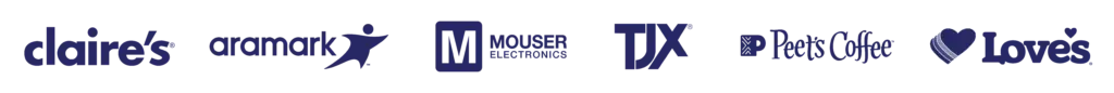 Logos of Claire's, Aramark, Mouser Electronics, TJX, Peet's Coffee and Love's