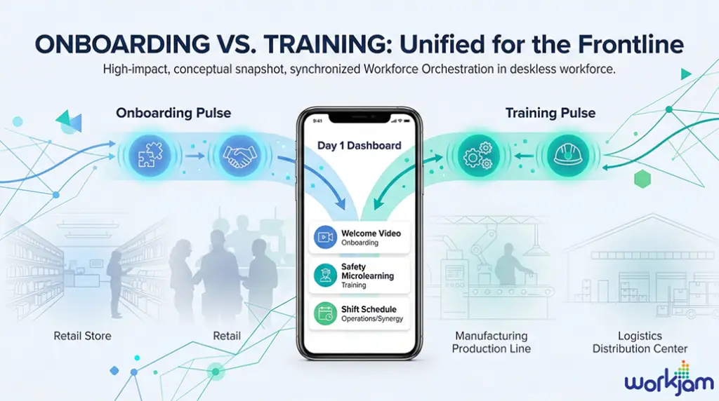 "Onboarding vs. Training," showing a smartphone unifying cultural onboarding and technical training data pulses for a frontline workforce.