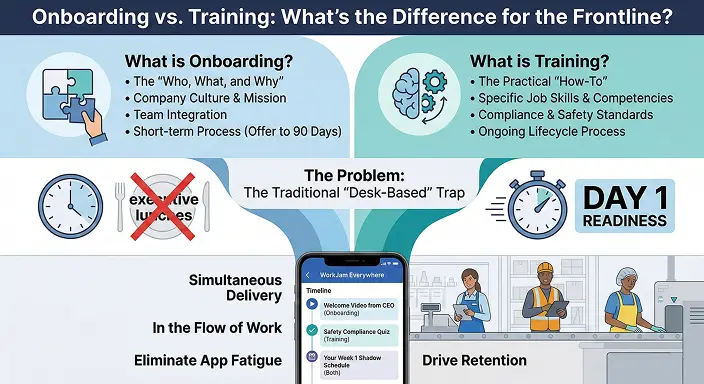 Infographic comparing employee onboarding vs. training for frontline workers, illustrating how both paths converge into a single mobile app to ensure Day 1 readiness.