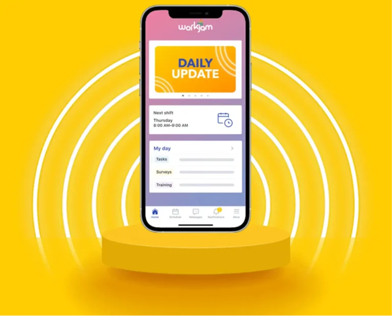 Smartphone mockup displaying the WorkJam digital frontline workplace app interface against a vibrant yellow background with glowing white circular accents.