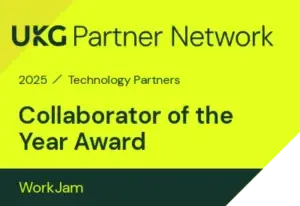 UKG Partner Network badge recognizing WorkJam as the 2025 Technology Partners Collaborator of the Year.