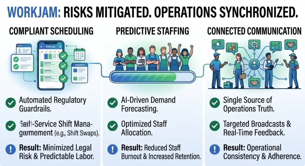Connected infographic showing synchronized frontline operations, featuring a compliant mobile schedule app, a complete team with a progress bar, and a centralized hub for unified communication.
