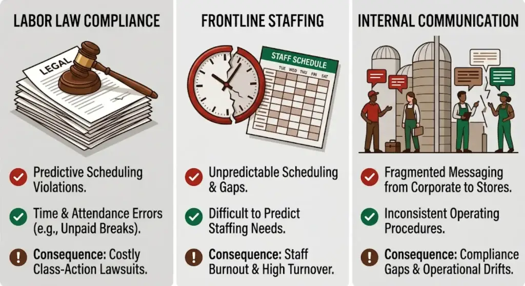 Infographic detailing frontline operational friction, featuring legal papers, a broken clock, and siloed workers to represent compliance risks, staffing gaps, and fragmented corporate communication.