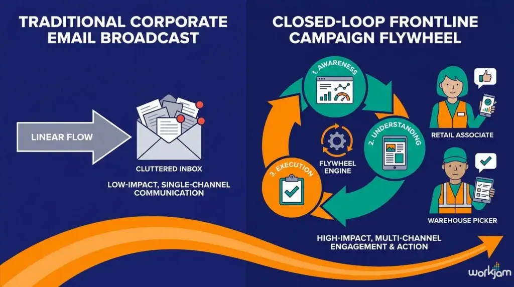 A flowchart contrasting open-loop "publish and pray" communications that cause off-clock compliance risks against a closed-loop governed autonomy platform using shift-fencing to ensure on-clock task execution.