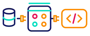 Icon of a database connected to an app, connected to a block of code