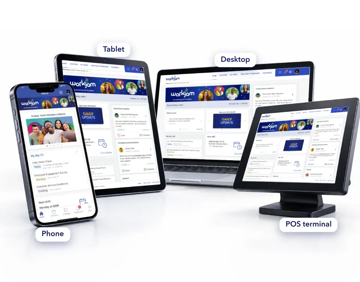 WorkJam on a phone, tablet, desktop and POS terminal, each showing the WorkJam home screen