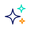 Icon of three sparkles in navy, teal and orange