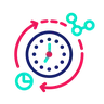 Icon of a clock circled by arrows, with a calendar segment and connected nodes