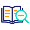 Icon of an open book with a magnifying glass