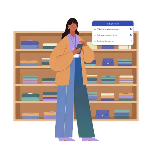 Clothing store employee checking a mobile phone with a pop-up showing a retail task checklist to tidy safety equipment, set up promo signs, and restock shelves.