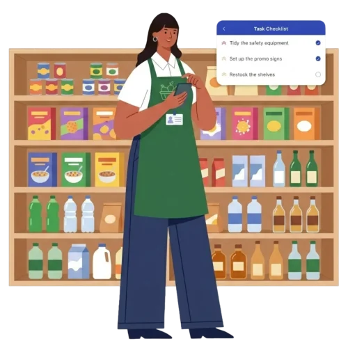 Illustration of a female grocery store clerk in a green apron using a smartphone. She stands in front of wooden shelves stocked with various groceries. A floating digital task checklist appears next to her with tasks like "Restock the shelves."